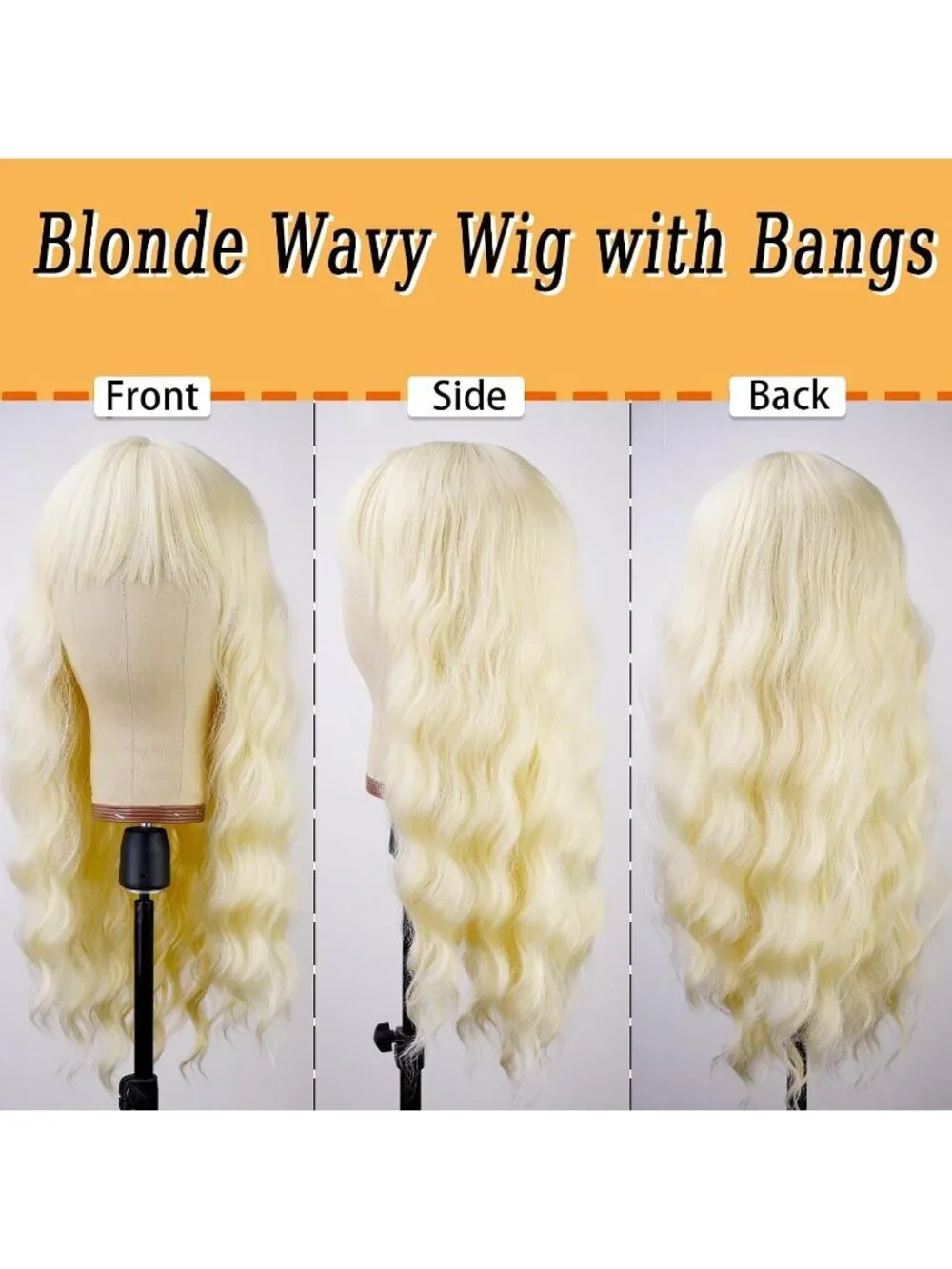 Women's Blonde 26 Inch Natural Looking Synthetic Fiber Long Wavy Wigs Bangs
